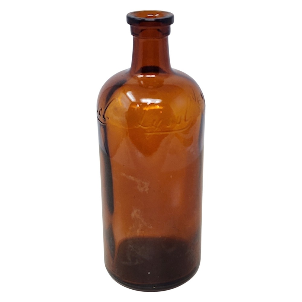 Vtg Lysol Bottle 7" MCM Amber Brown Glass Apothecary L&F Prod Corp Bloomfield NJ